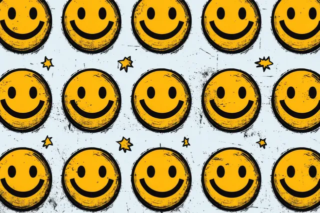 Repeating yellow grunge smiley faces with black eyes and smiles plus small star icons on a light blue background.