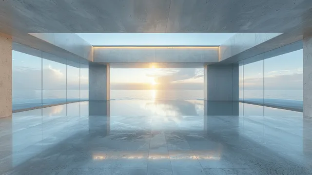 Futuristic interior with glass walls, concrete columns, and a mirror-like floor reflecting sunrise across empty space.