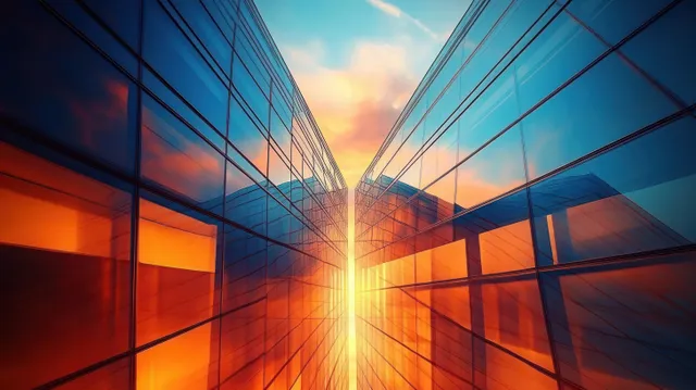 Sun flares between reflective glass walls of a high-rise office building during golden hour.