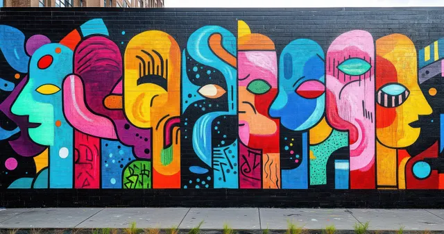 Colorful street mural of stylized human faces painted across a long city wall with geometric shapes.