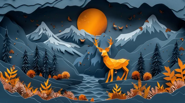 Golden deer silhouette in a dark forest mural with snowy mountains, fir trees, and falling leaves at night.