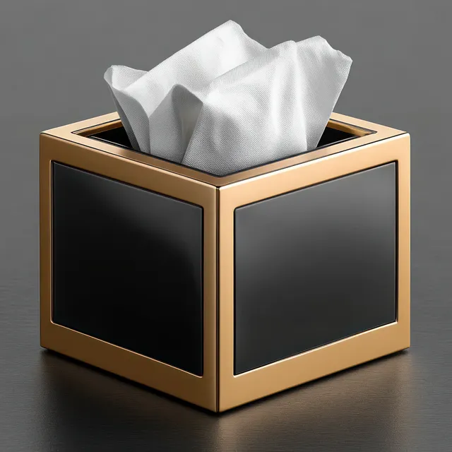 Golden-framed tissue box with black panels showing neatly protruding white tissues on a neutral tabletop.