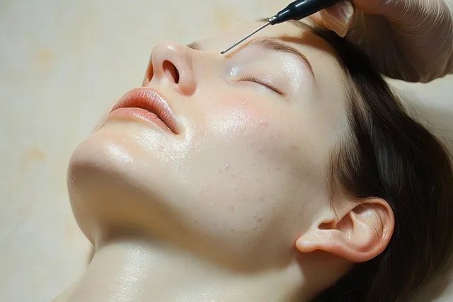 Dermatologist performs electrocautery on neck birthmark with fine needle tool close-up