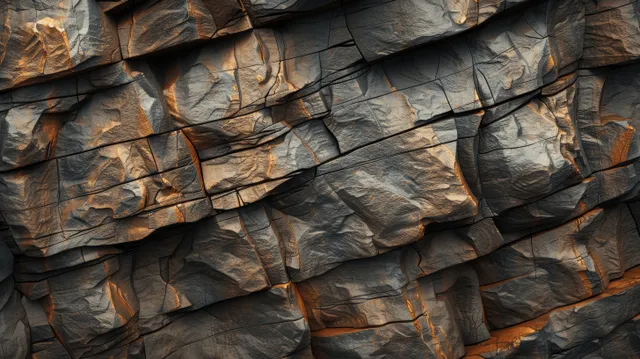 Close-up of a weathered rock cliff wall with layered dark grey and brown stone edges and cracks.