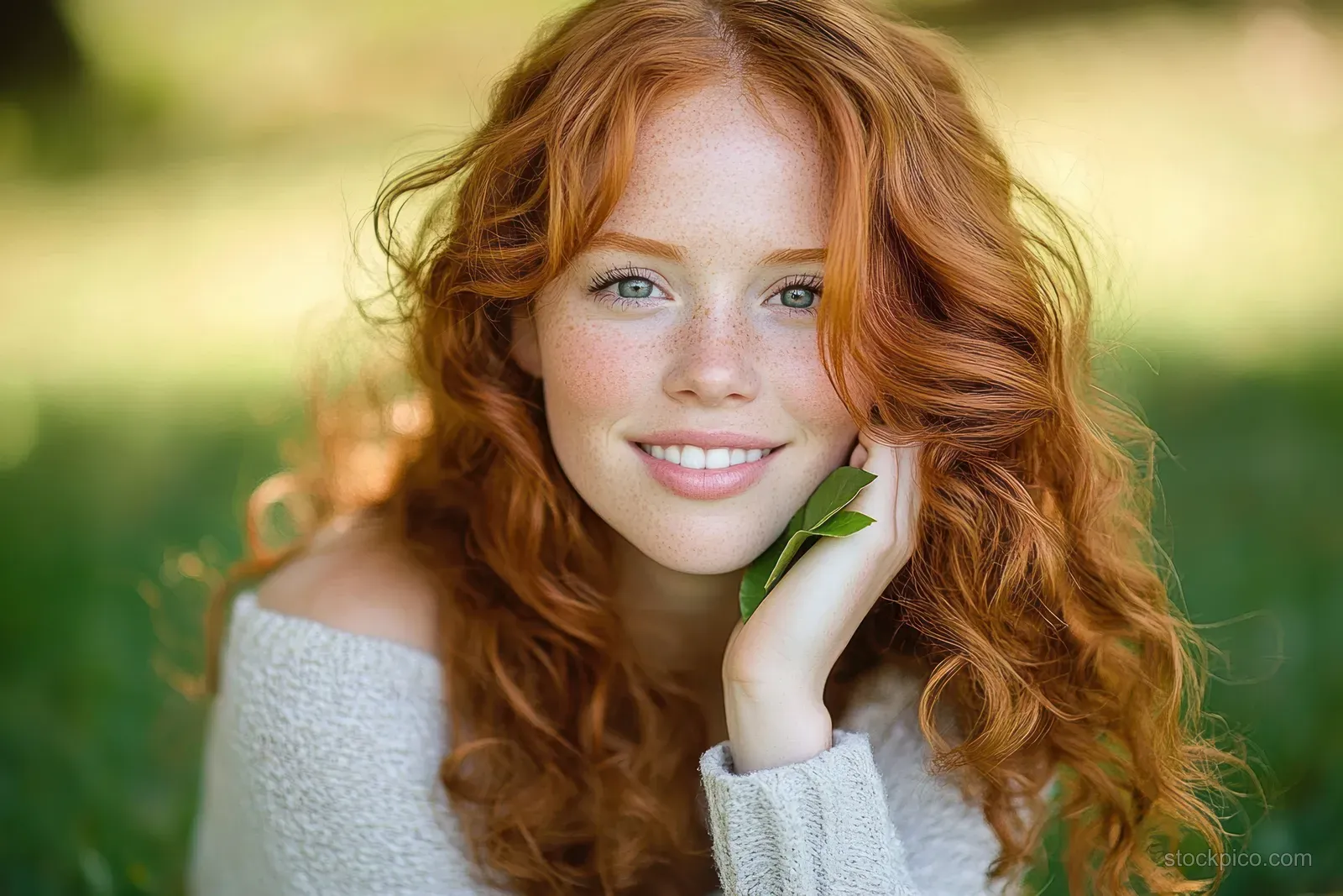 Impressionist portrait of a young woman with curly red hair relaxing among green grass in soft natural light.
