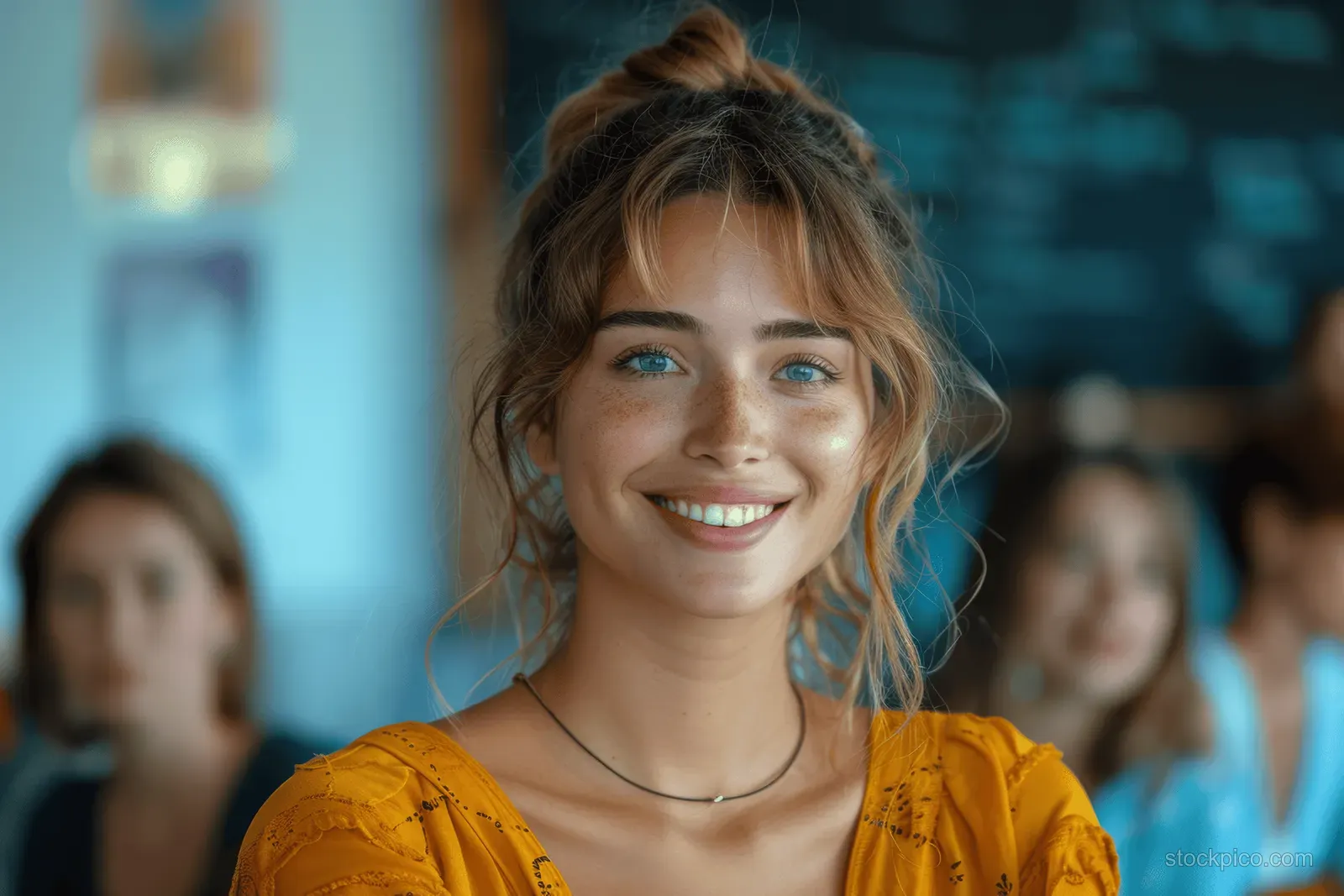 Smiling young woman with blue eyes and freckles in a yellow top with a blurred background behind her.