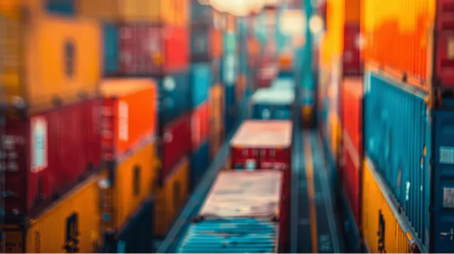 Colorful shipping containers in rows at a port terminal with a blurred background and bokeh highlights.