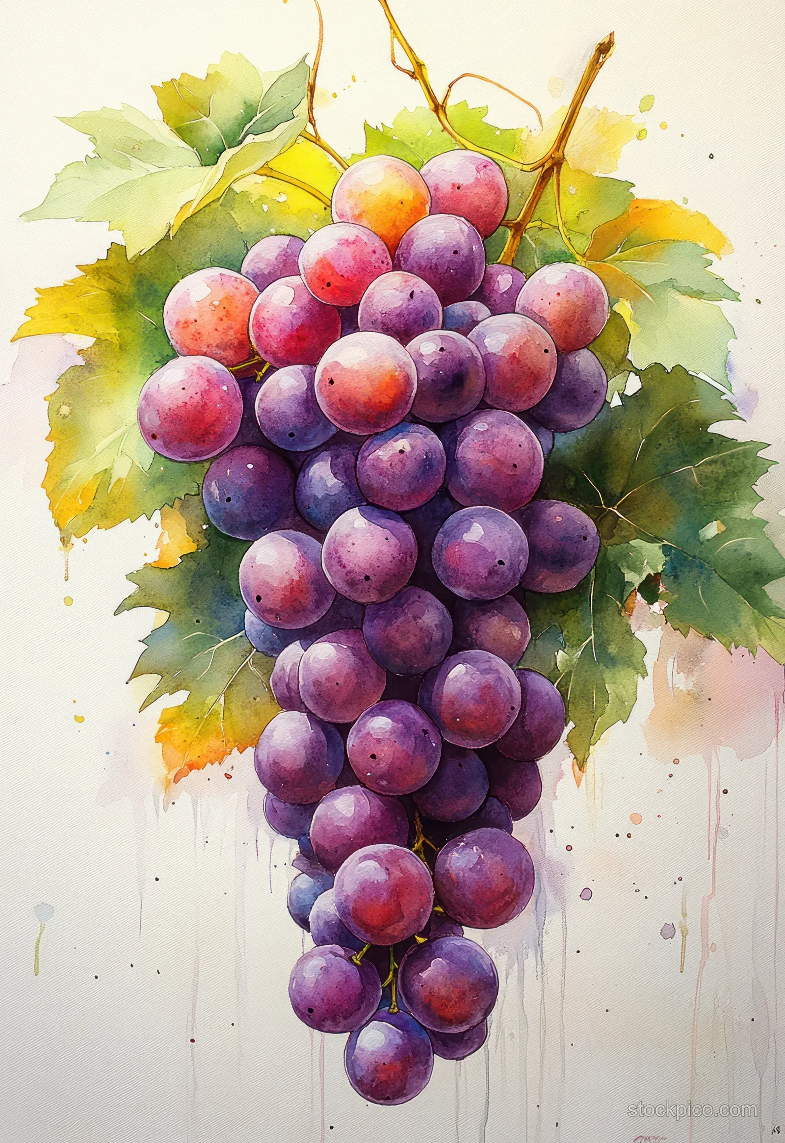 Watercolor painting of a purple grape bunch with green leaves on a vintage textured background.