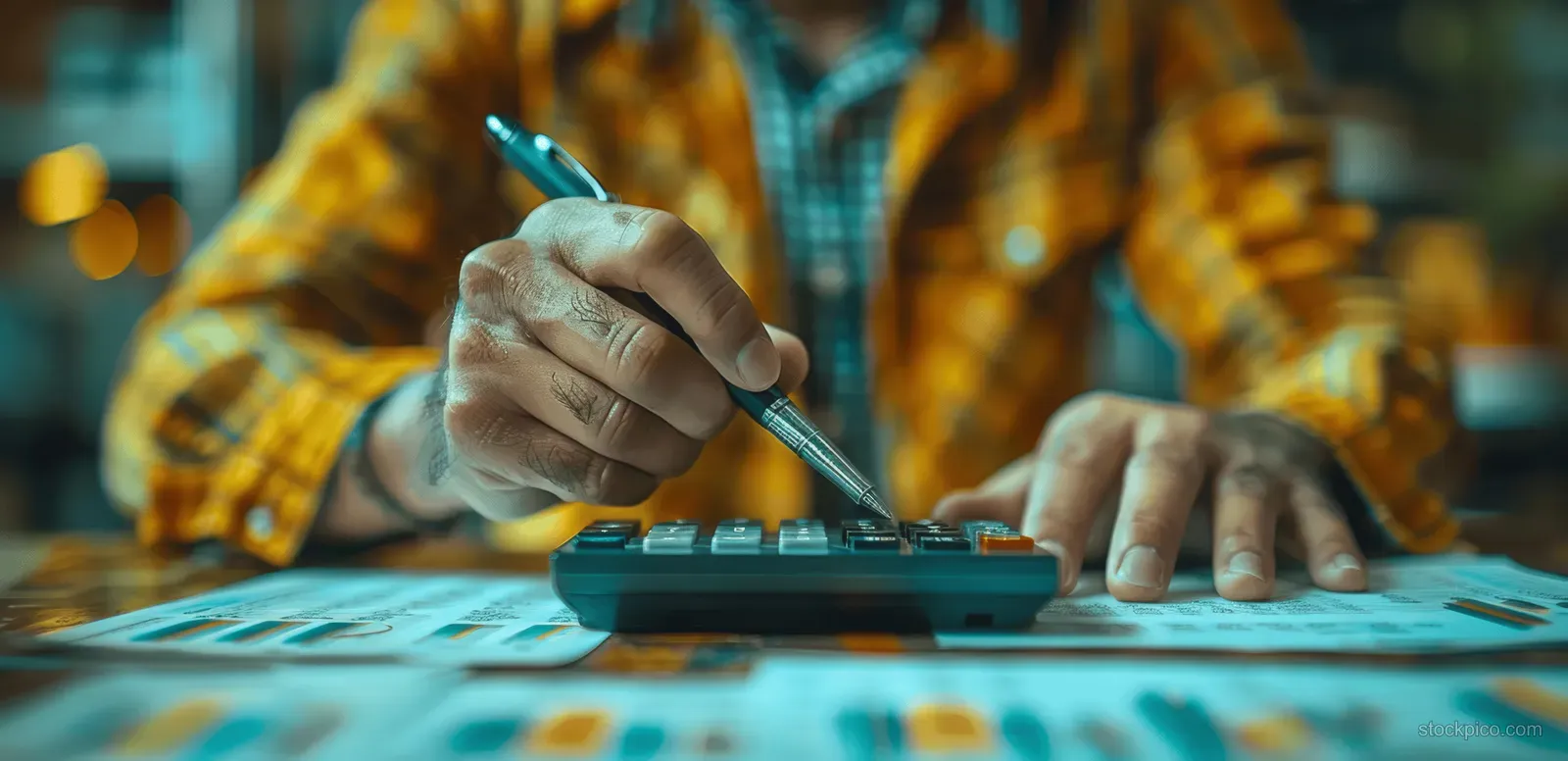An accountant hand writes on a financial document beside a calculator and charted report in an office.