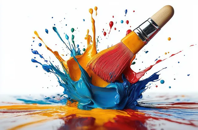 A paintbrush splashes bright blue, orange, red, and yellow paint droplets across a white surface.