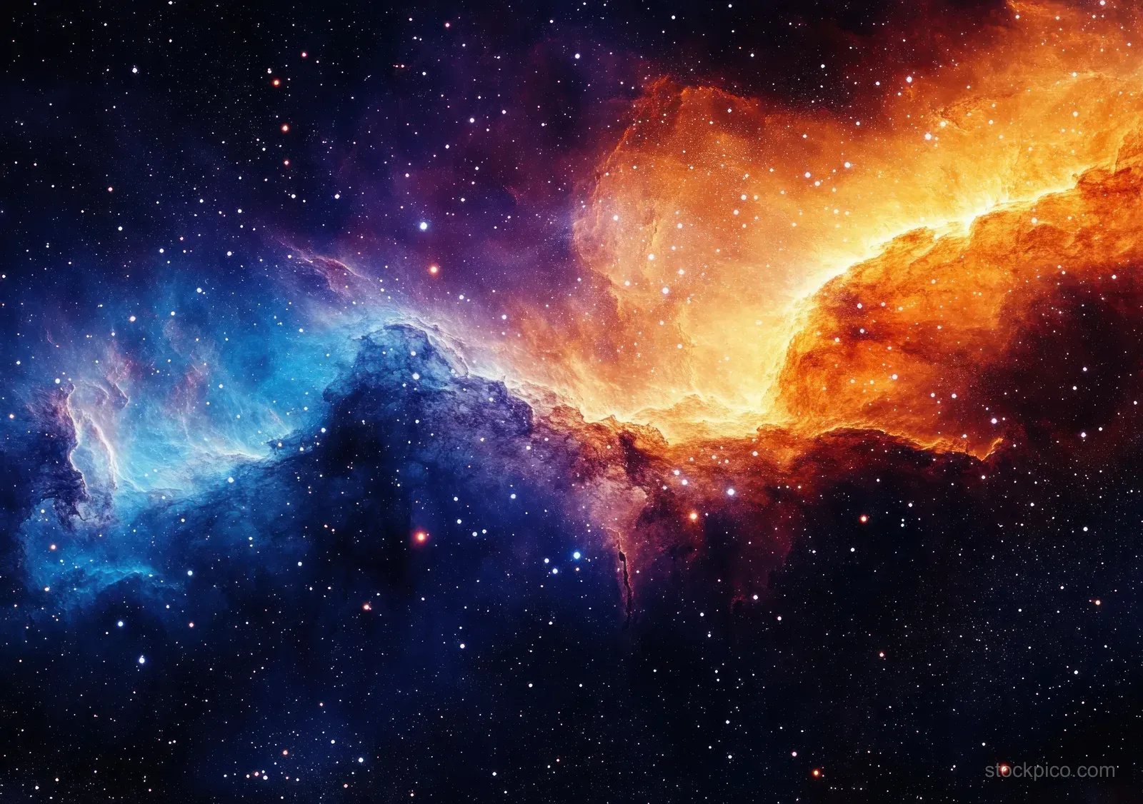 Swirling blue and orange nebula gas clouds glow among scattered stars in deep space.