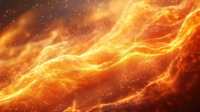 Abstract artwork of dynamic flames with bright orange-yellow glow and high contrast lighting, creating a vivid and energetic visual effect.