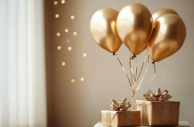 Three shiny gold balloons and two glitter ribbon gift boxes sit on a table with warm bokeh lights in the background.