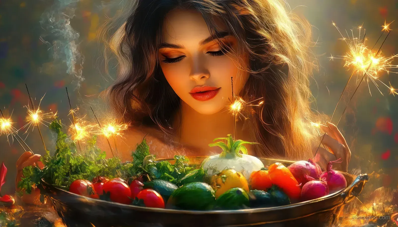 A young woman holds sparklers beside a basket filled with colorful fresh vegetables under warm glowing light.