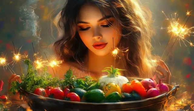 A young woman holds sparklers beside a basket filled with colorful fresh vegetables under warm glowing light.