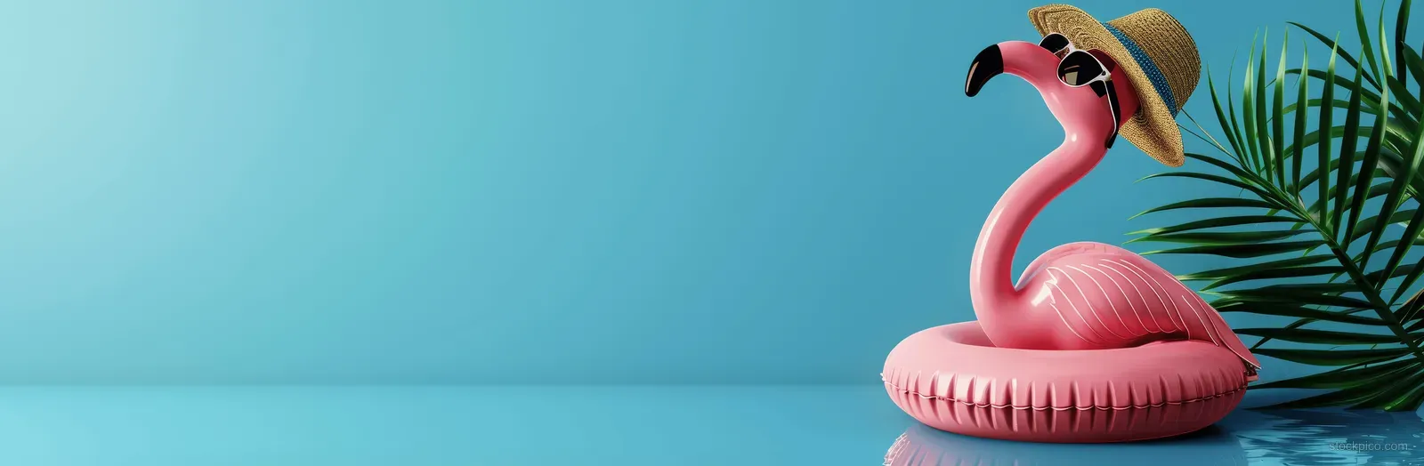 Pink flamingo pool float with a straw hat and sunglasses resting beside tropical leaves on a blue background.