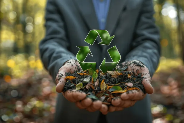 A businessman holds soil in his hands with a green recycling symbol overlay.