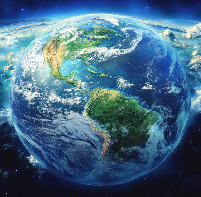 Planet Earth view over South America with glowing clouds and blue ocean swirls