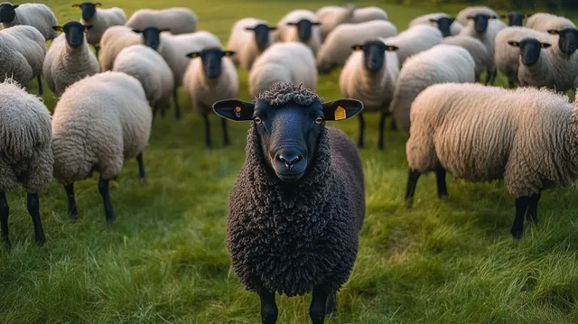 Black sheep stands in the foreground while a flock grazes on green pasture