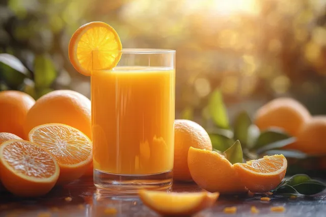 A glass of freshly poured orange juice with whole and sliced oranges on a table in warm sunlight.