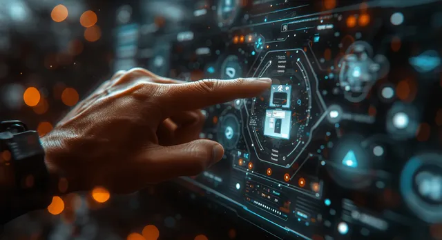 A hand points at a glowing holographic VUCA dashboard with layered data icons and circuit-like visuals.