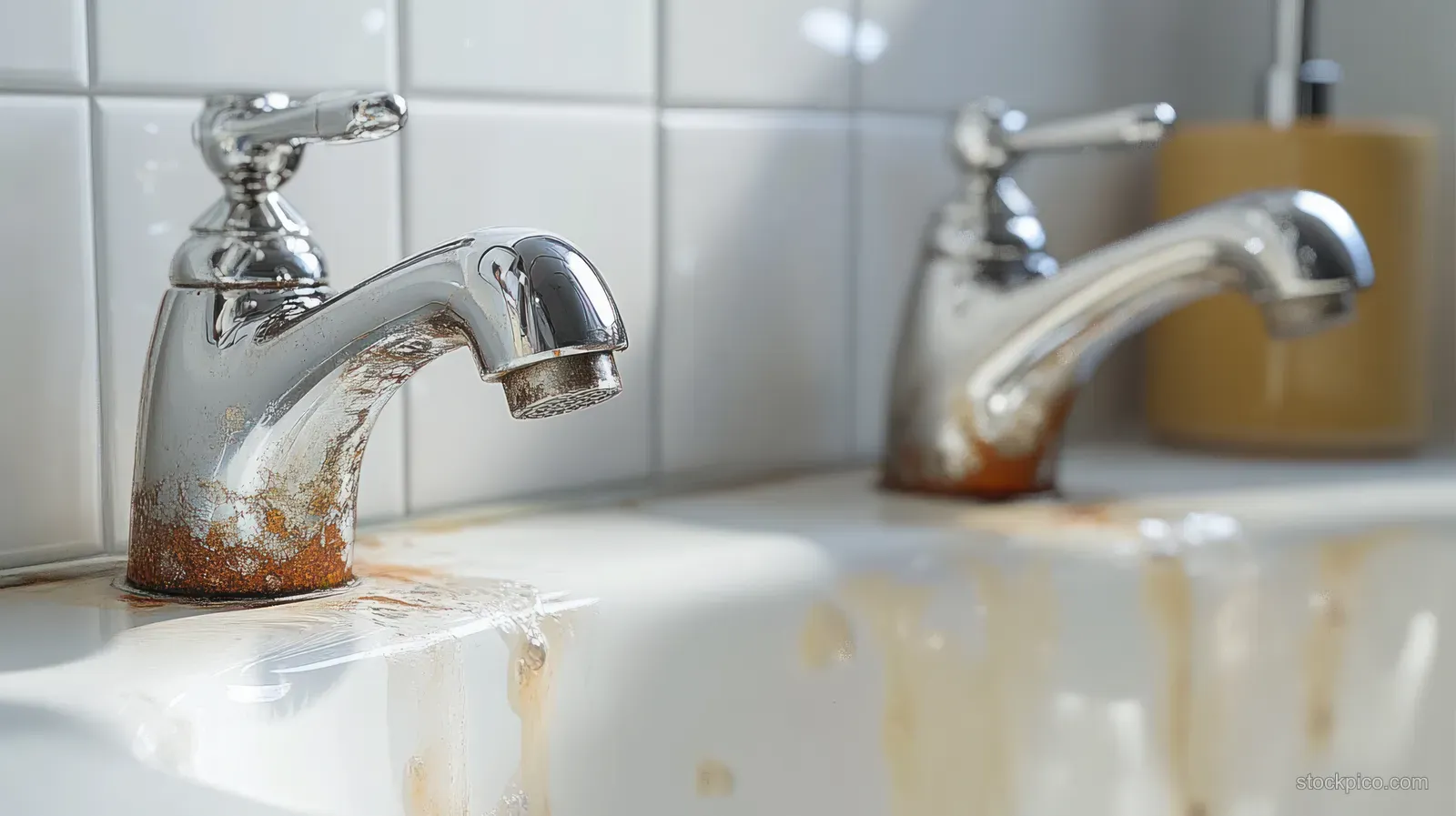 A split image shows a bathroom faucet with calcium stains compared to a freshly cleaned shiny faucet.
