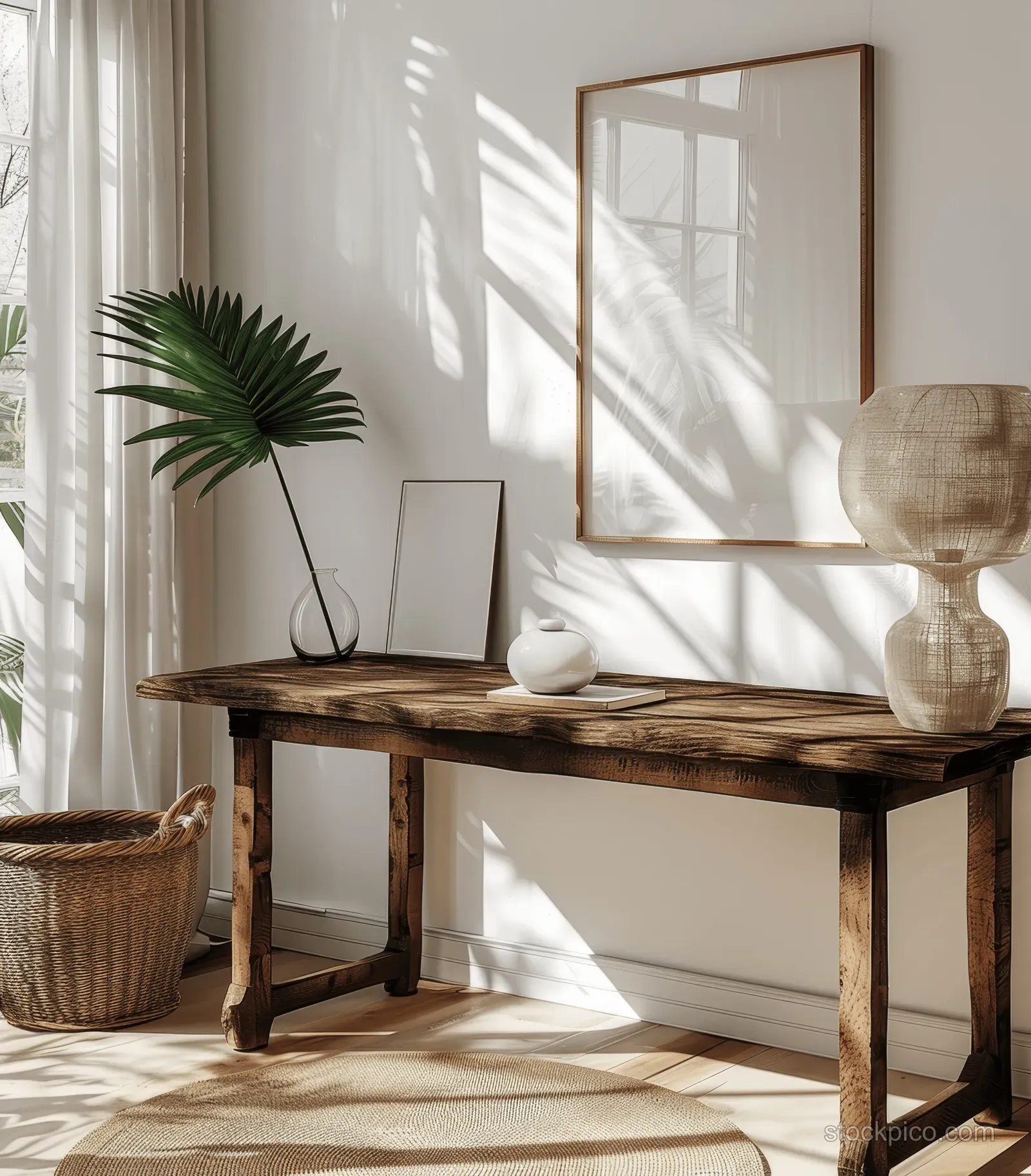 Sunlit boho living room corner with rustic desk, lamp, framed poster, white wall, and potted plants.