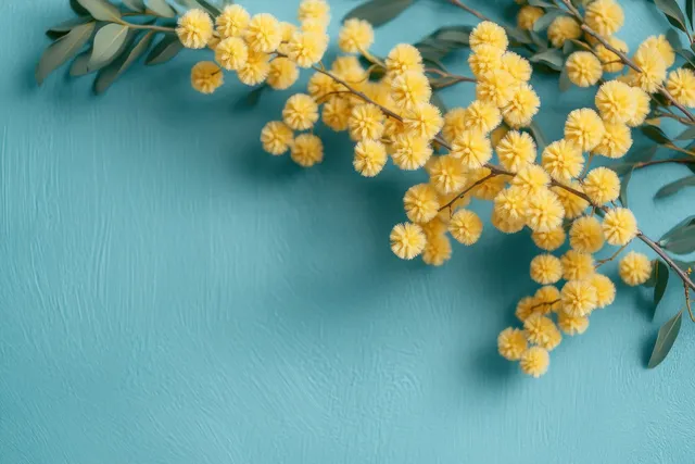 Delicate yellow fluffy flowers with green leaves arranged diagonally on a soft, textured pale-blue background.