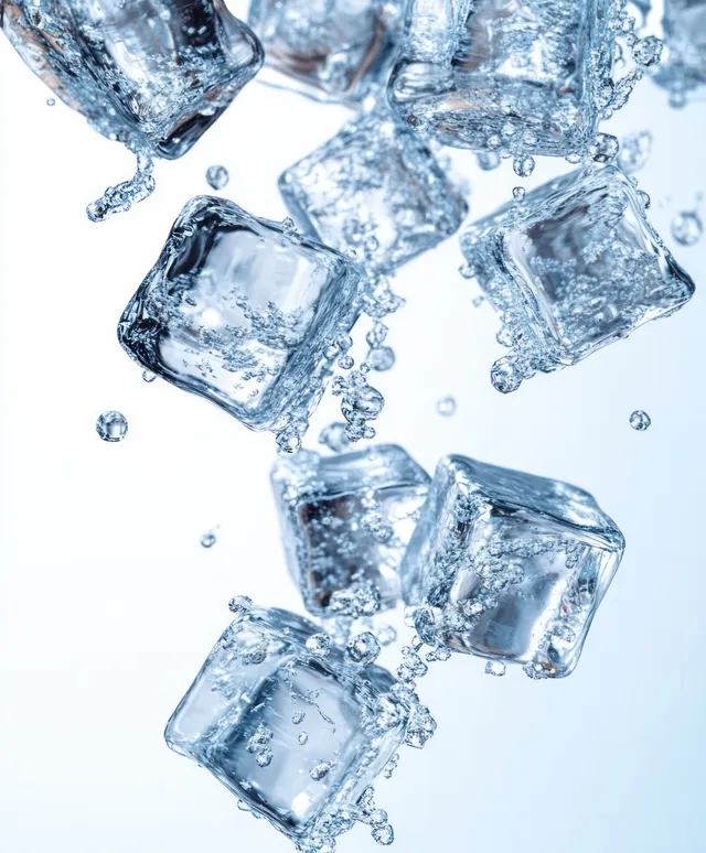 Clear ice cubes splashing upward in water with sparkling droplets on a light background