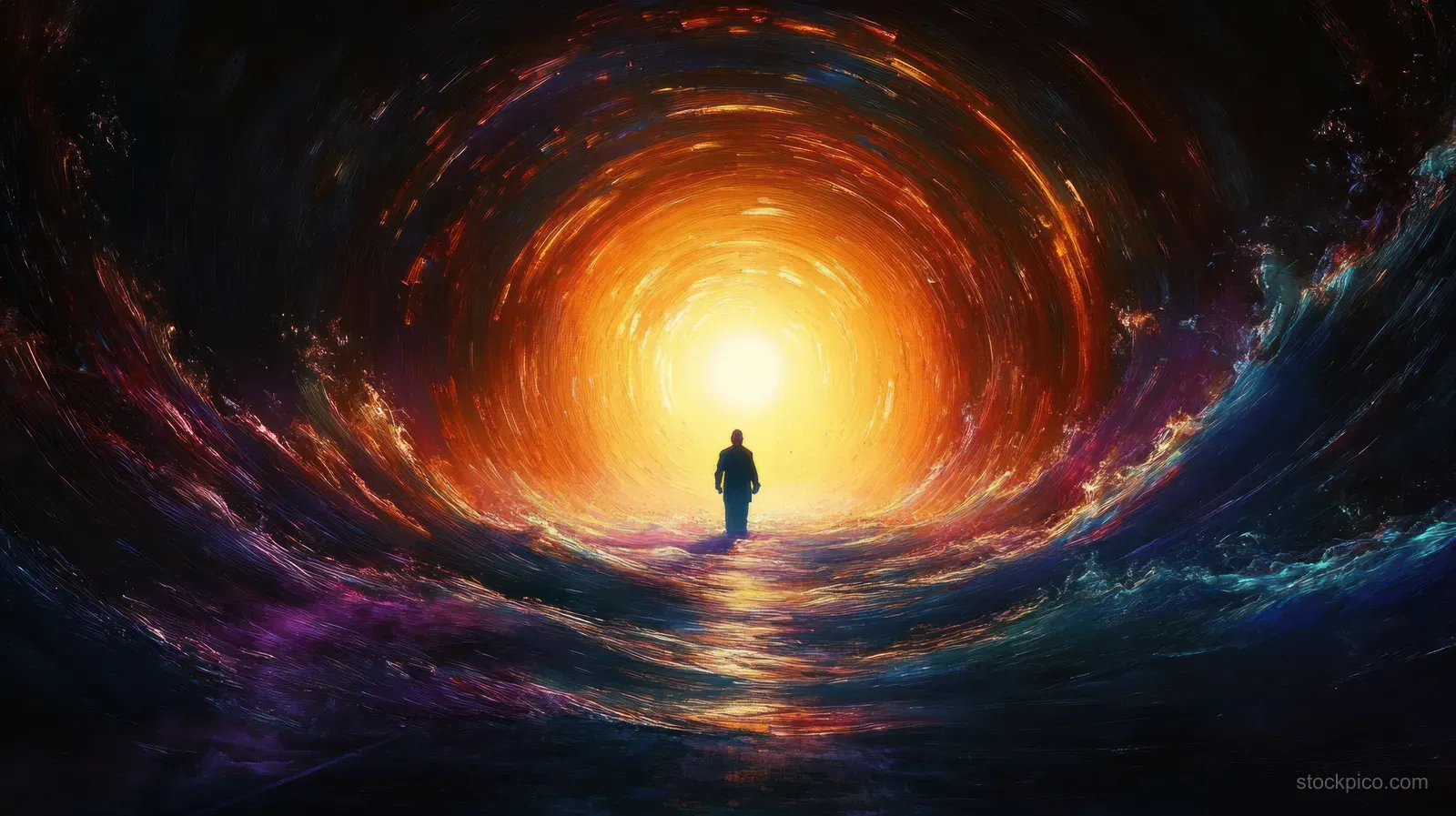 A lone silhouette walks through a colorful cosmic tunnel toward a bright glowing light.