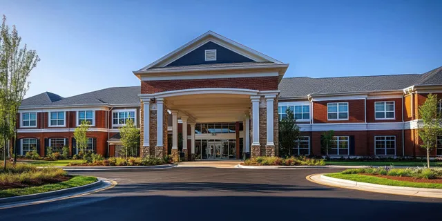 Red brick building with white columns at the entrance, curved driveway, and landscaped trees under a clear blue sky.