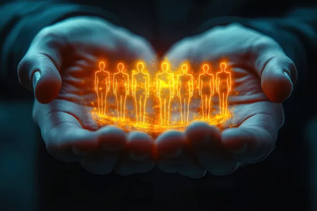 Cupped hands cradle seven glowing orange holographic human silhouettes in a dark tech scene