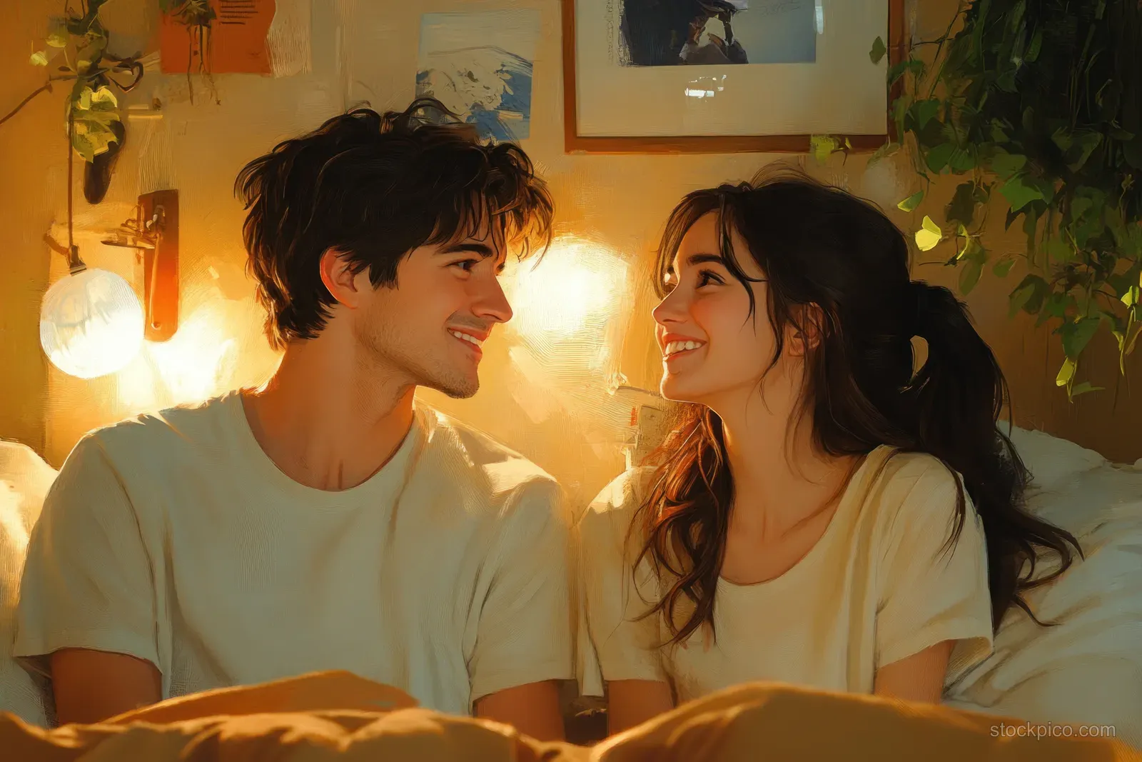 A smiling couple chats while packing vacation clothes on a bed in a cozy bedroom with warm lamps.