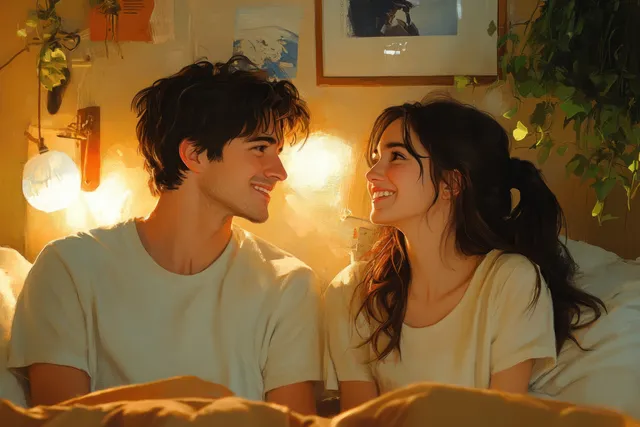A smiling couple chats while packing vacation clothes on a bed in a cozy bedroom with warm lamps.