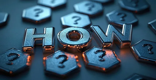 Metallic HOW letters are surrounded by blue hexagonal tiles with question marks and orange reflections.