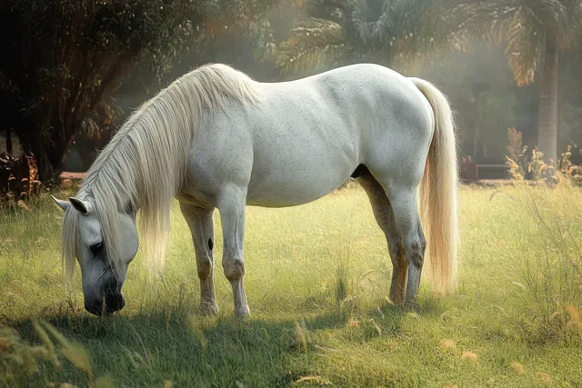 A white horse grazes in a sunlit meadow with soft tree shadows in the background.
