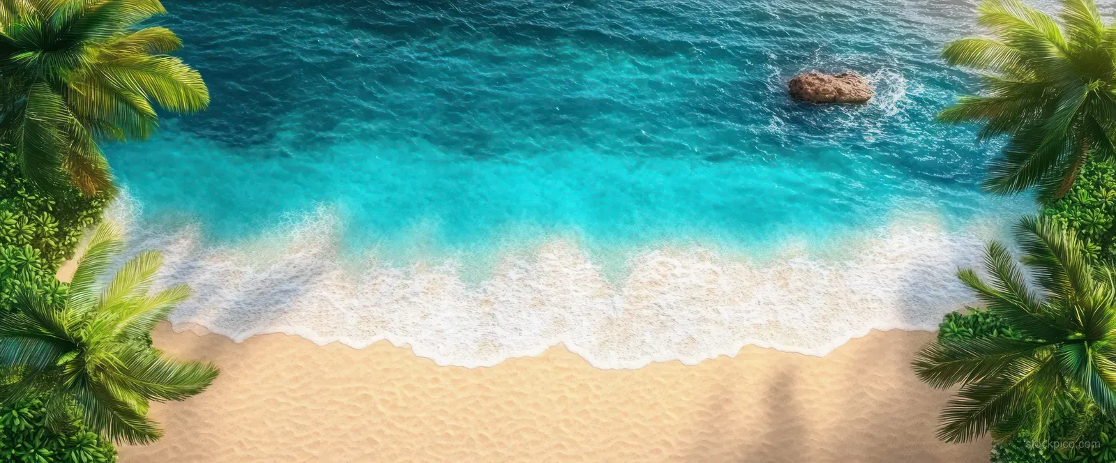 Aerial view of turquoise water splashing onto pale sand, bordered by palm trees and drifting foam.