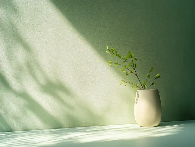 Delicate green branch in white vase with soft daylight shadows on textured green wall