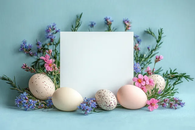 Pastel and speckled eggs arranged with pink and blue flowers around a blank white card on a light blue background.