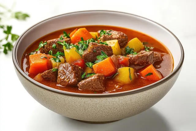 Beef and vegetable stew in minimalist bowl on white background with vibrant chunks and herbs