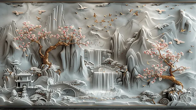 Carved Chinese landscape relief with waterfalls, mountains, gold cherry blossoms, and flying birds on a light gray wall.