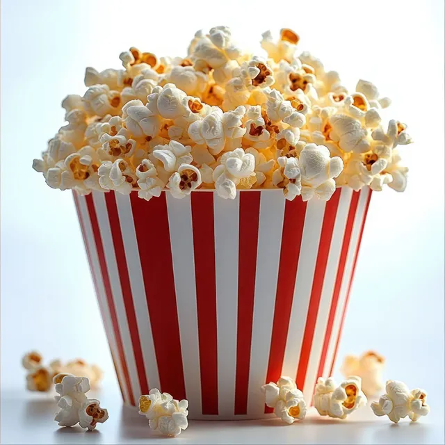 A striped red and white popcorn bucket overflowing with buttery popcorn and scattered kernels on a white surface.