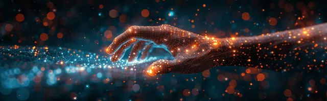Glowing hands gesture above a holographic interface of connected data links and floating binary particles.