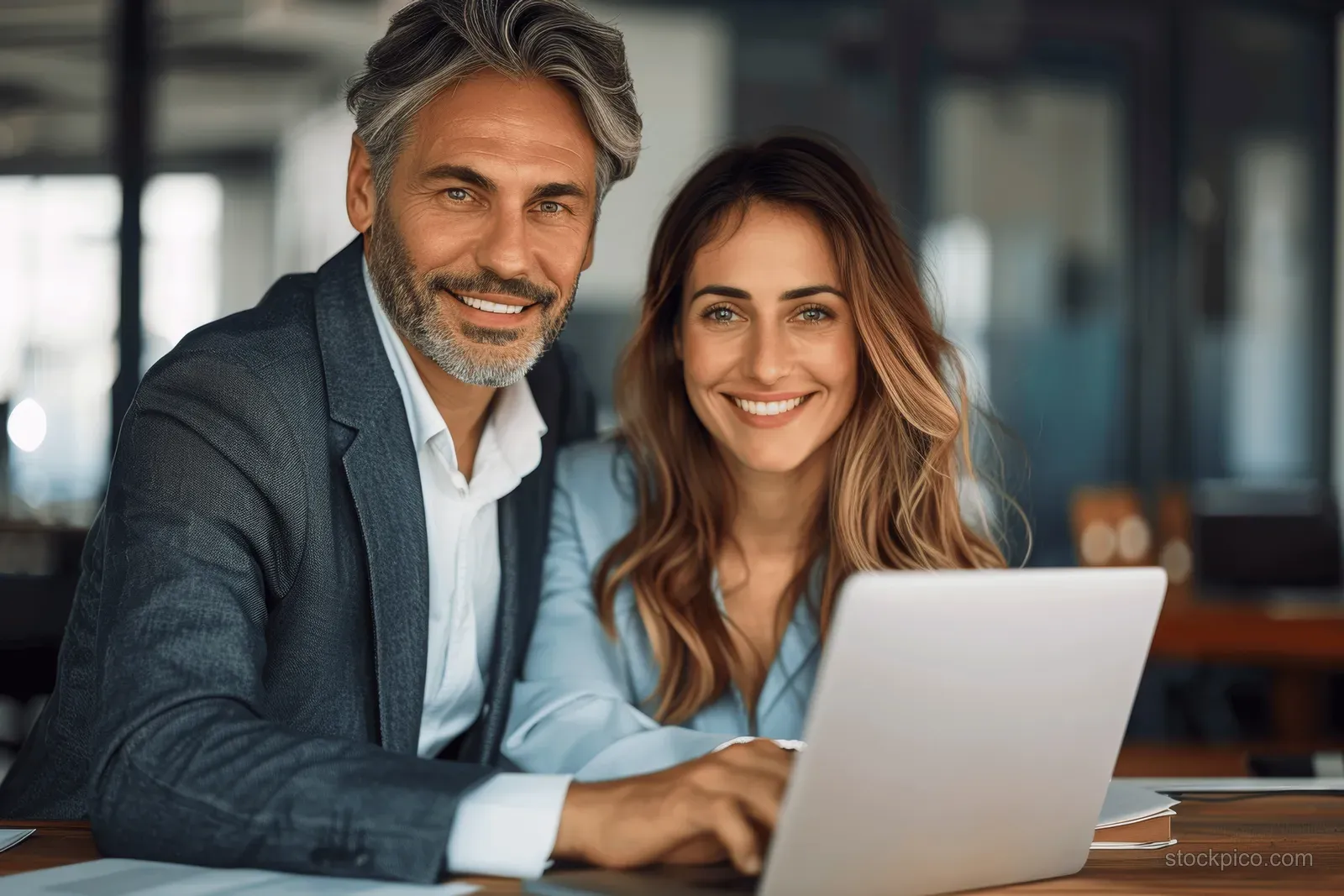 Mature man and woman smile over a laptop at an office table while discussing a project together.