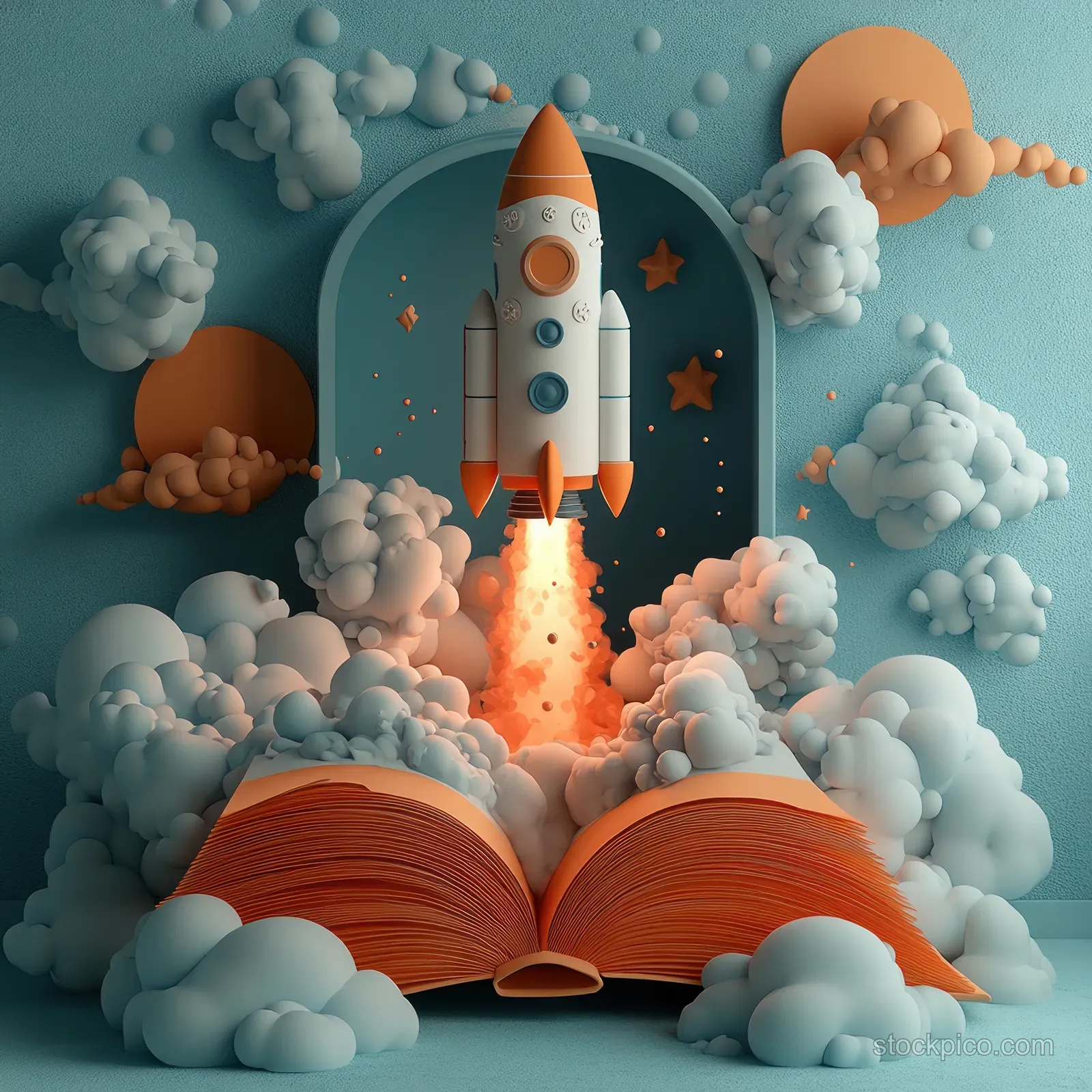 A 3D rocket launches from an open book amid fluffy clouds with a bright fire trail and floating stars.