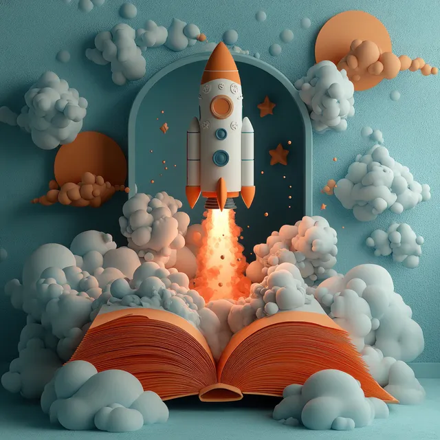 A 3D rocket launches from an open book amid fluffy clouds with a bright fire trail and floating stars.