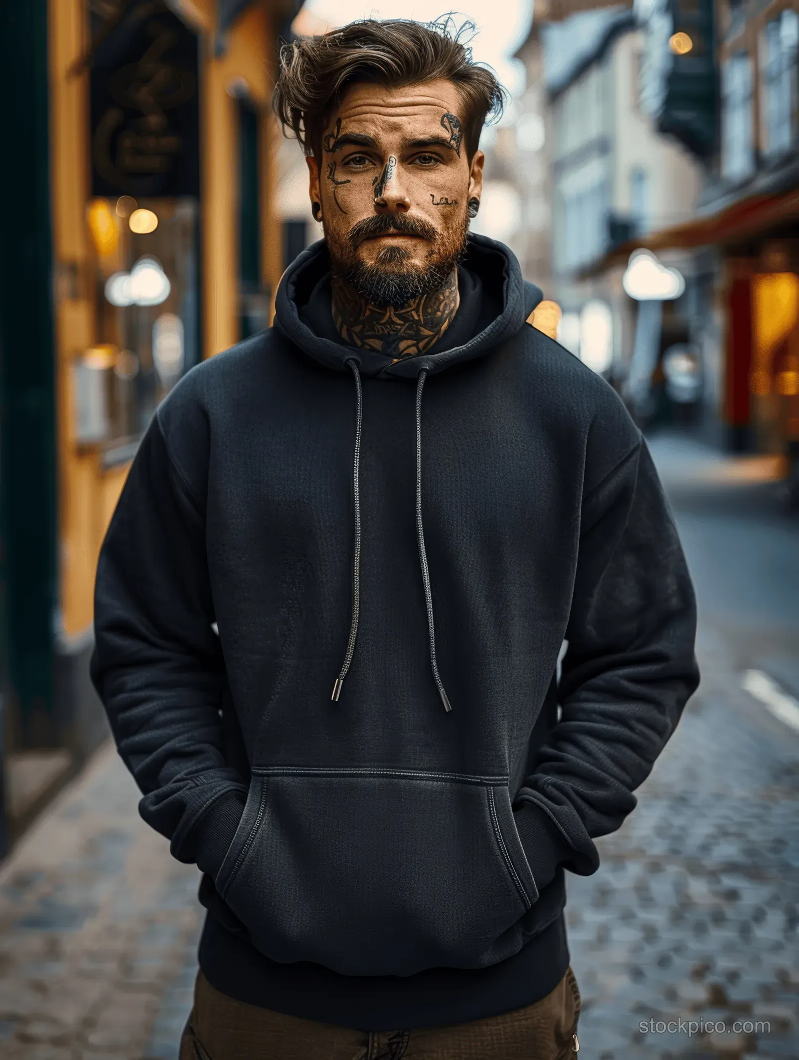 A tattooed bearded man stands on a city street wearing a black hoodie.