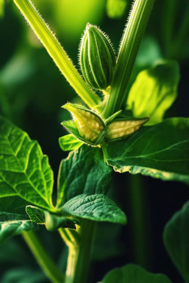 Young zucchini plant stems and leaves glowing in warm sunlight