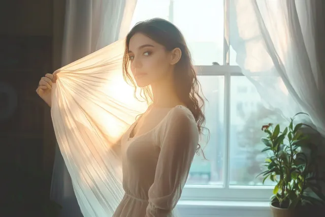 Woman pulling curtains for daylight during home quarantine, calm focus by window