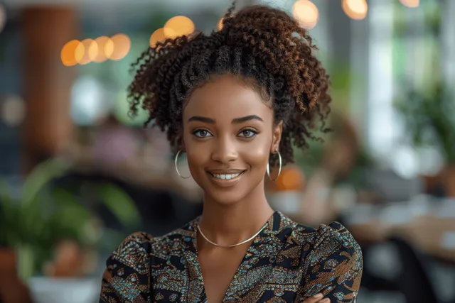 Smiling African businesswoman welcoming ideas with open hands in office teamwork background
